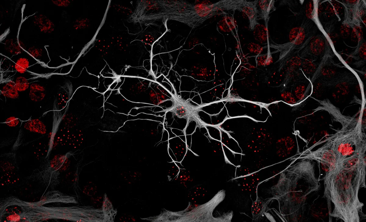 A. black-white-and-red microscopic image of a many-tendriled cell